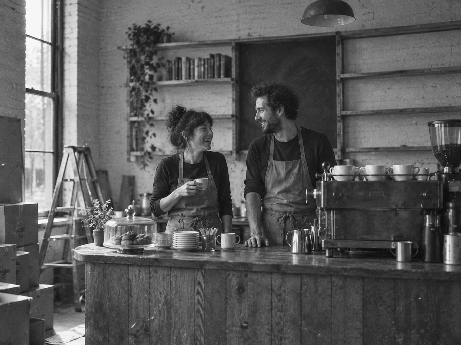 Mara and Tomas behind the new counter on opening day, 2009, the shop still half furnished