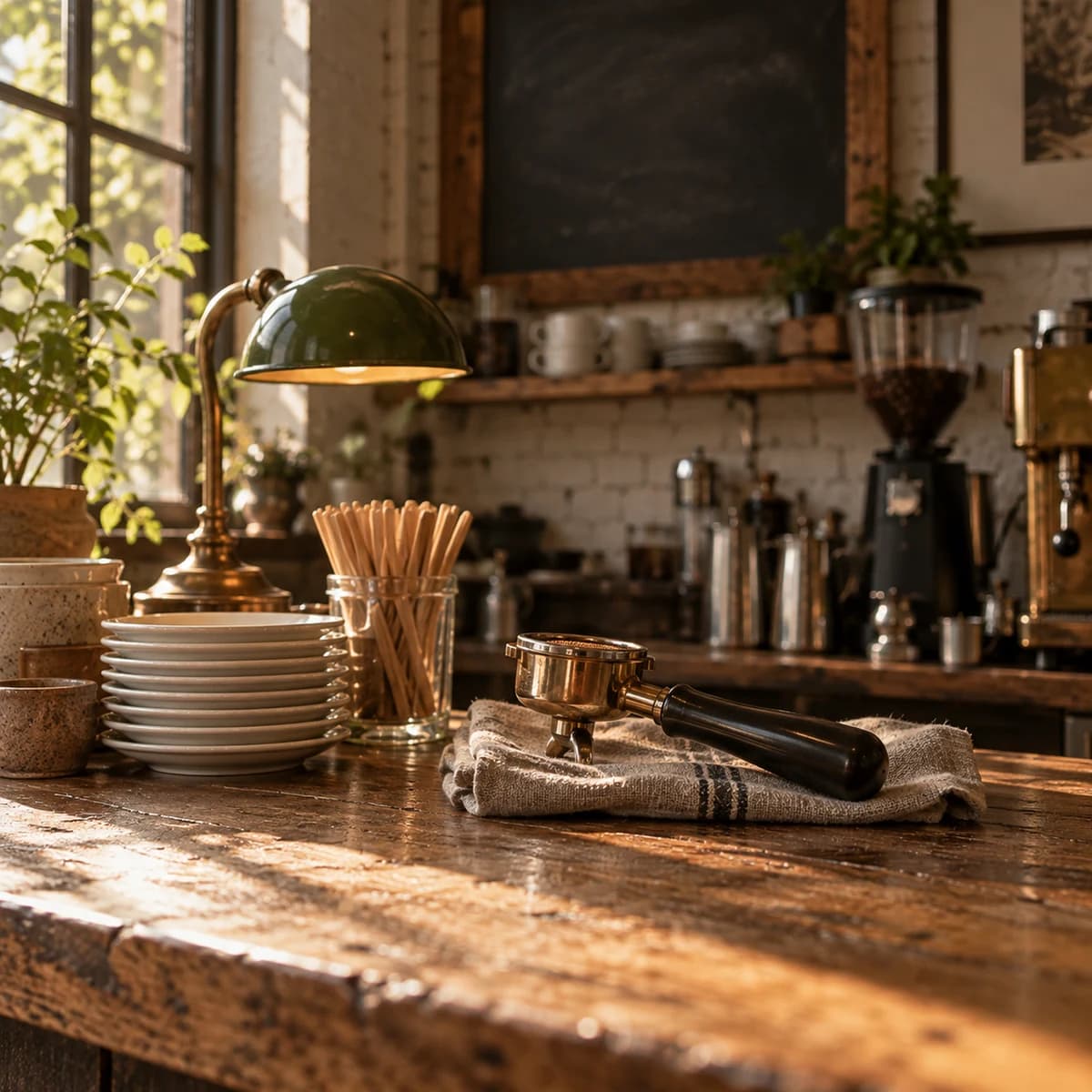 A portafilter on a linen cloth at the counter