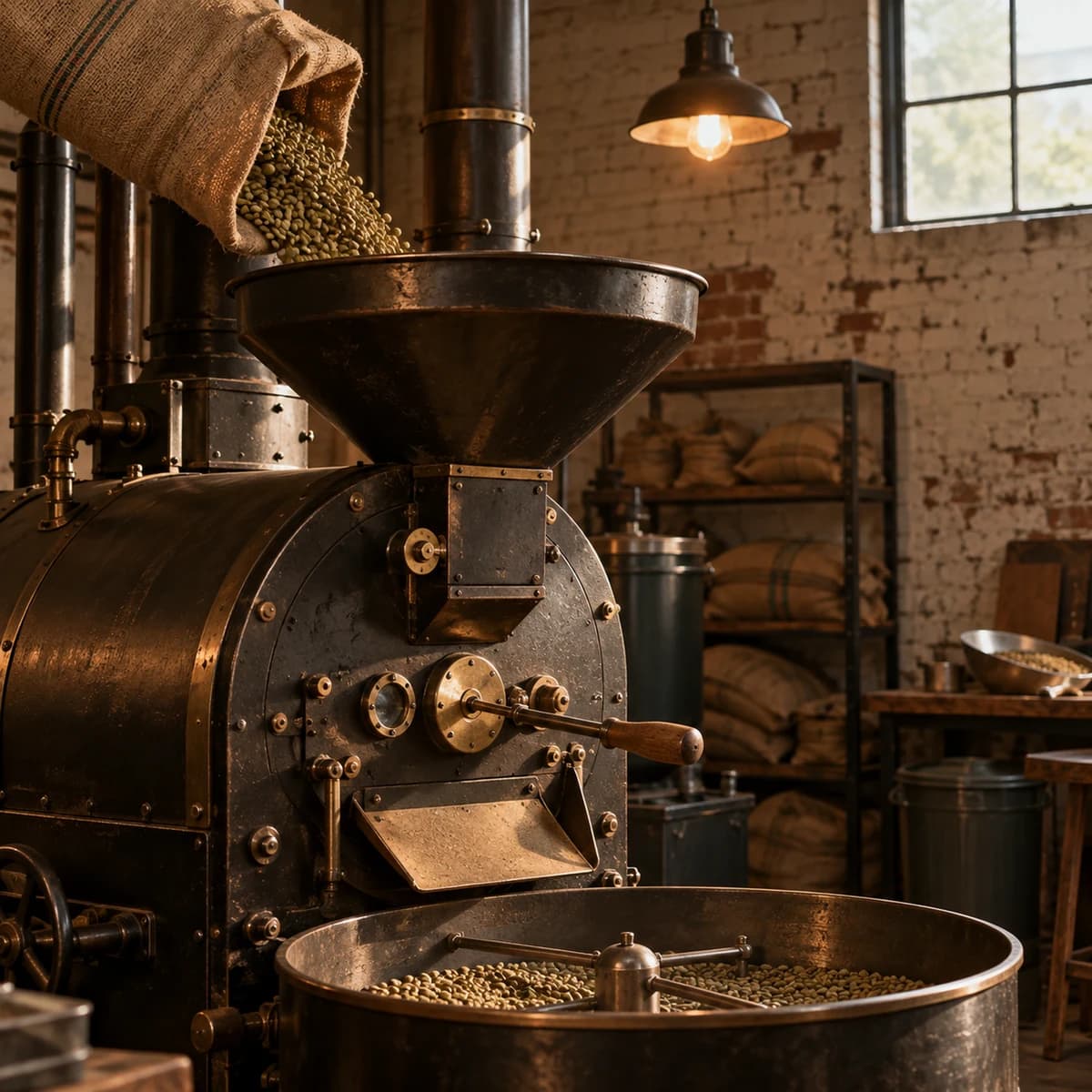 Green beans going into the drum roaster