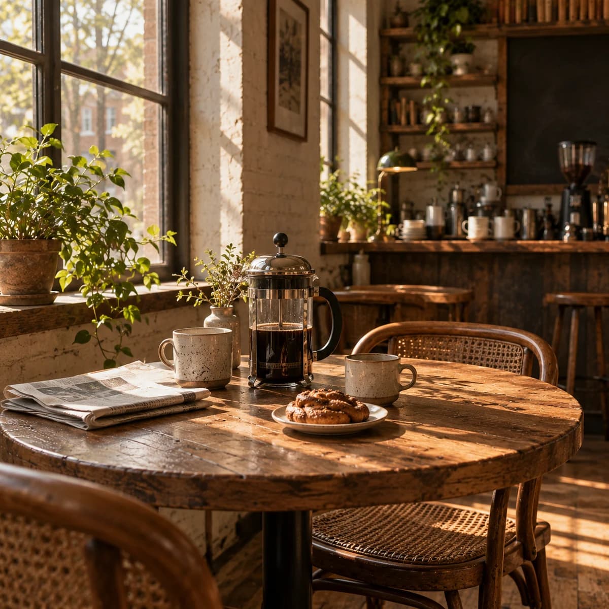 The round table by the window with a French press