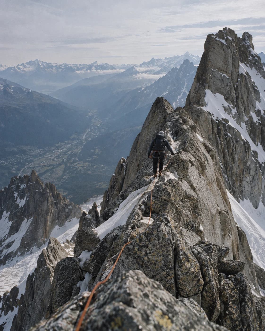 A climber on the granite blocks of the Cosmiques Arête, the valley two kilometres below