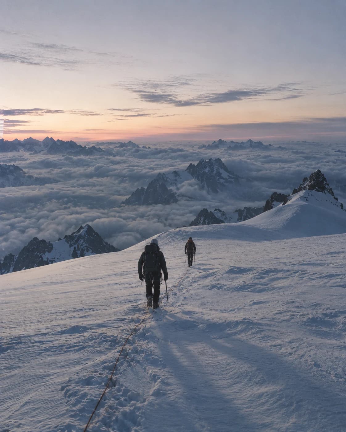 A roped party on the summit snows of Mont Blanc at dawn