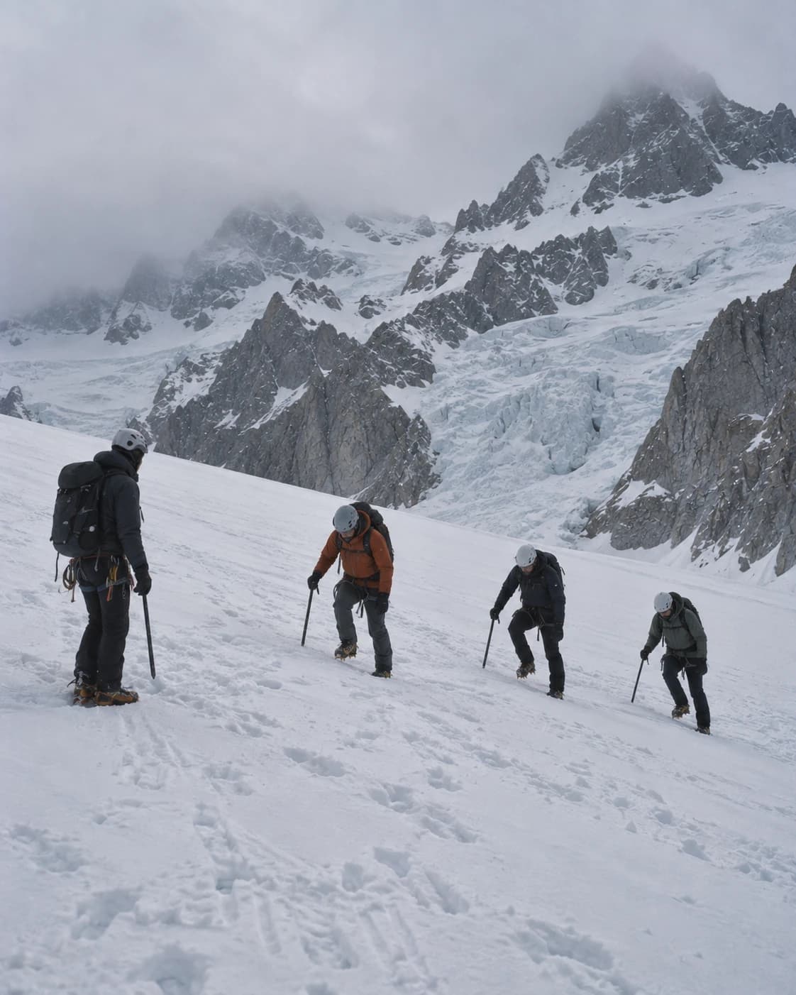 Beginners learning crampon technique on a gentle snow slope