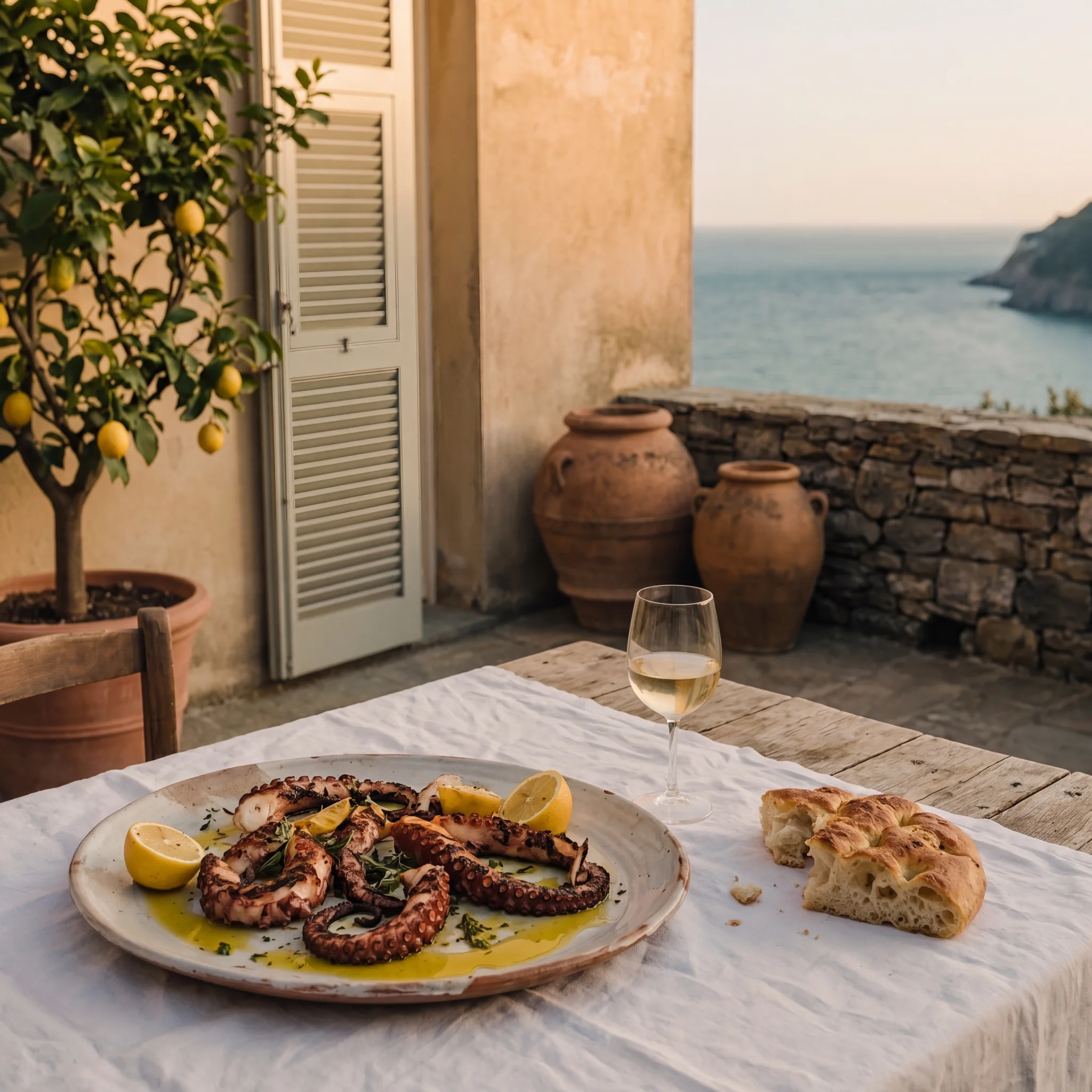 Grilled octopus, focaccia and a glass of Vermentino on the terrace