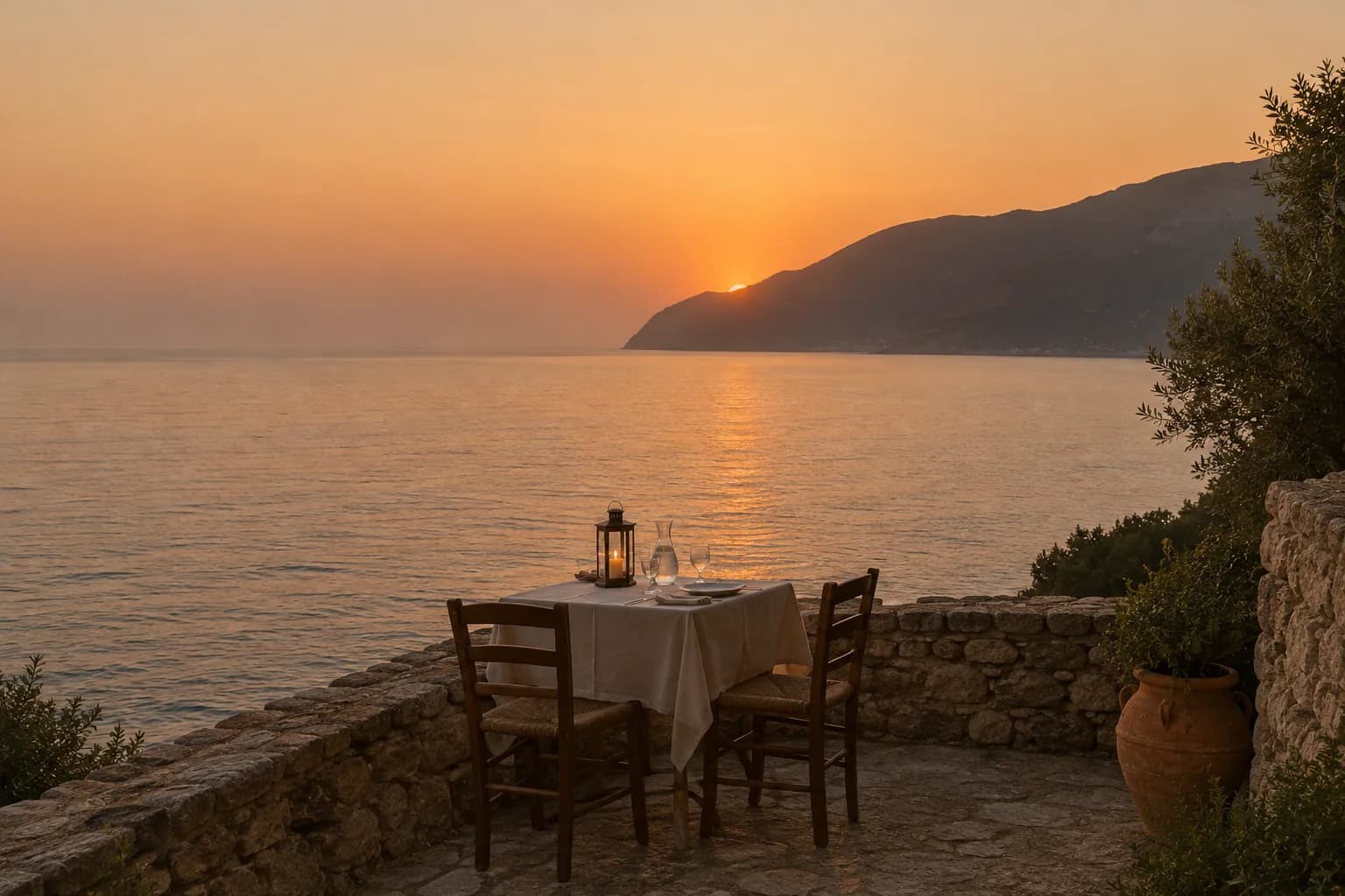 One table on the point, the sun going down behind Punta Mesco