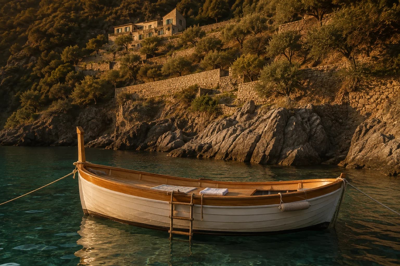 The gozzo moored in the cove below the terraces