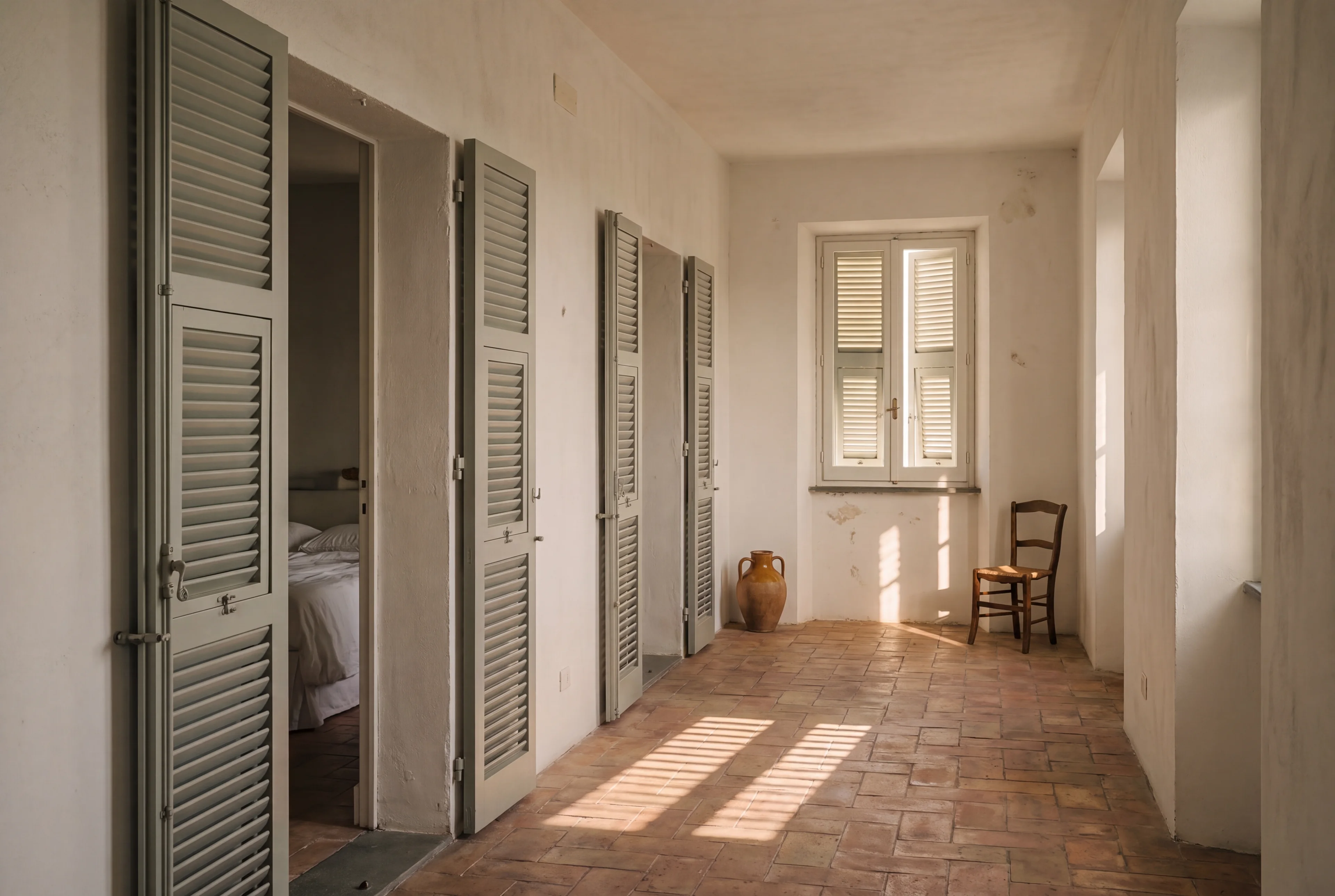 The upstairs corridor, shuttered doors ajar and evening light across the terracotta floor