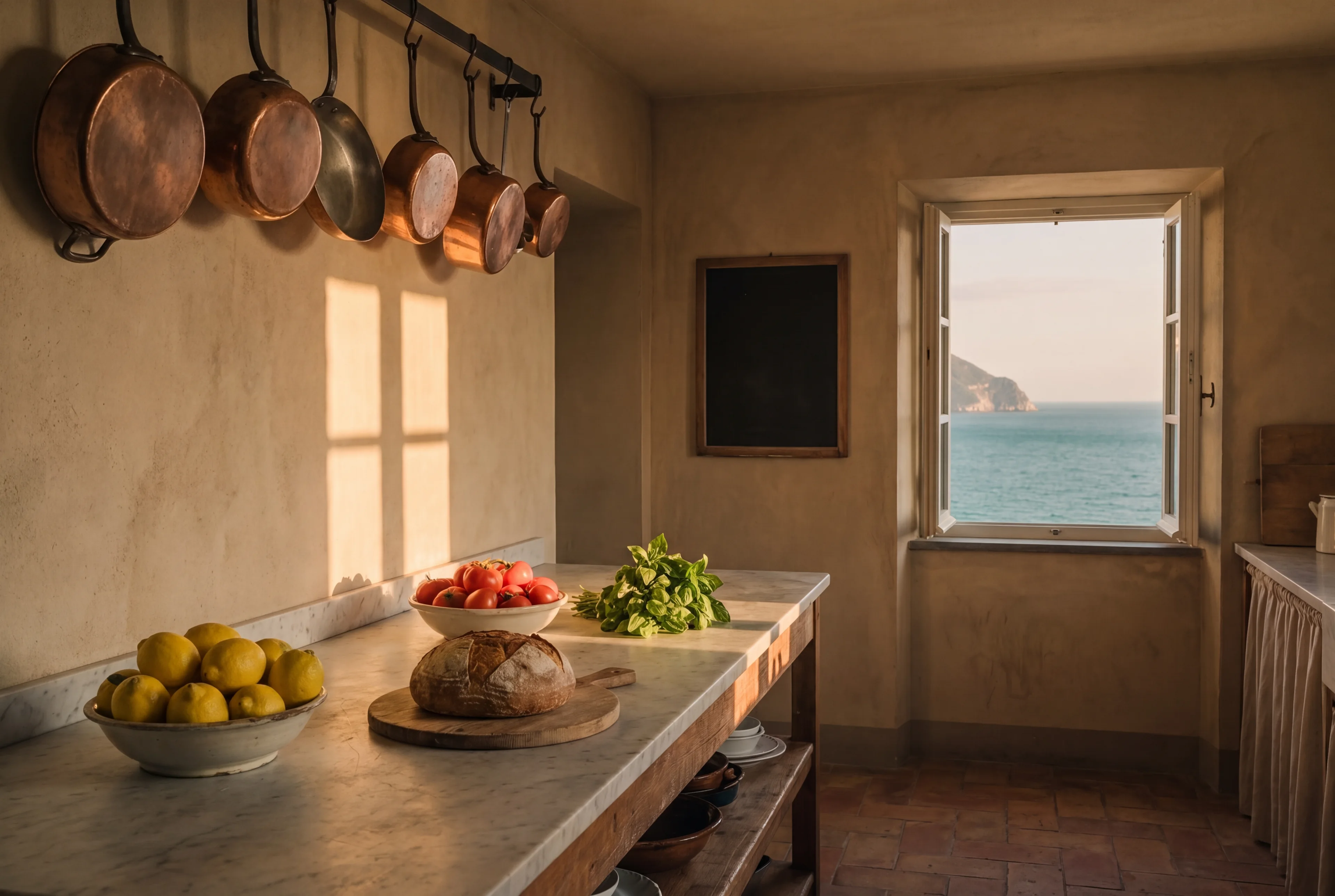 The kitchen at the end of the afternoon, lemons and bread on the marble, the sea in the window