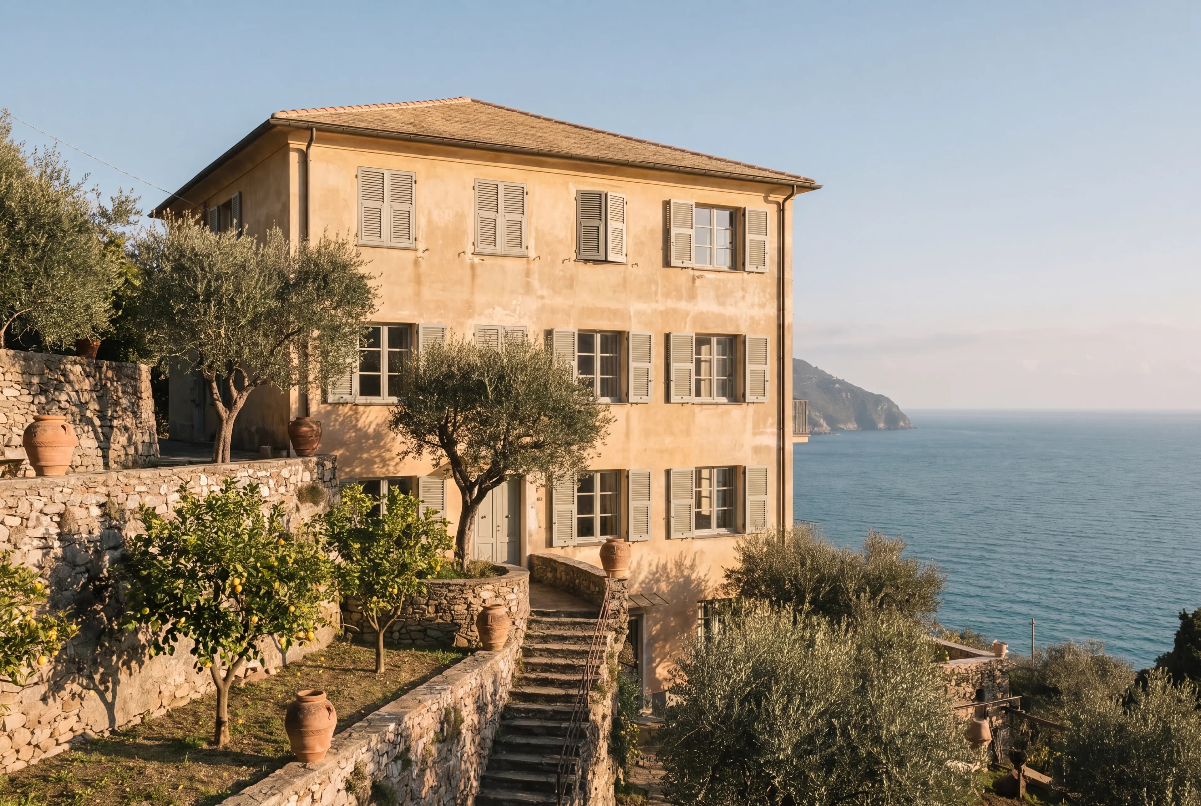 The house seen from the olive terraces below it, late sun on the facade