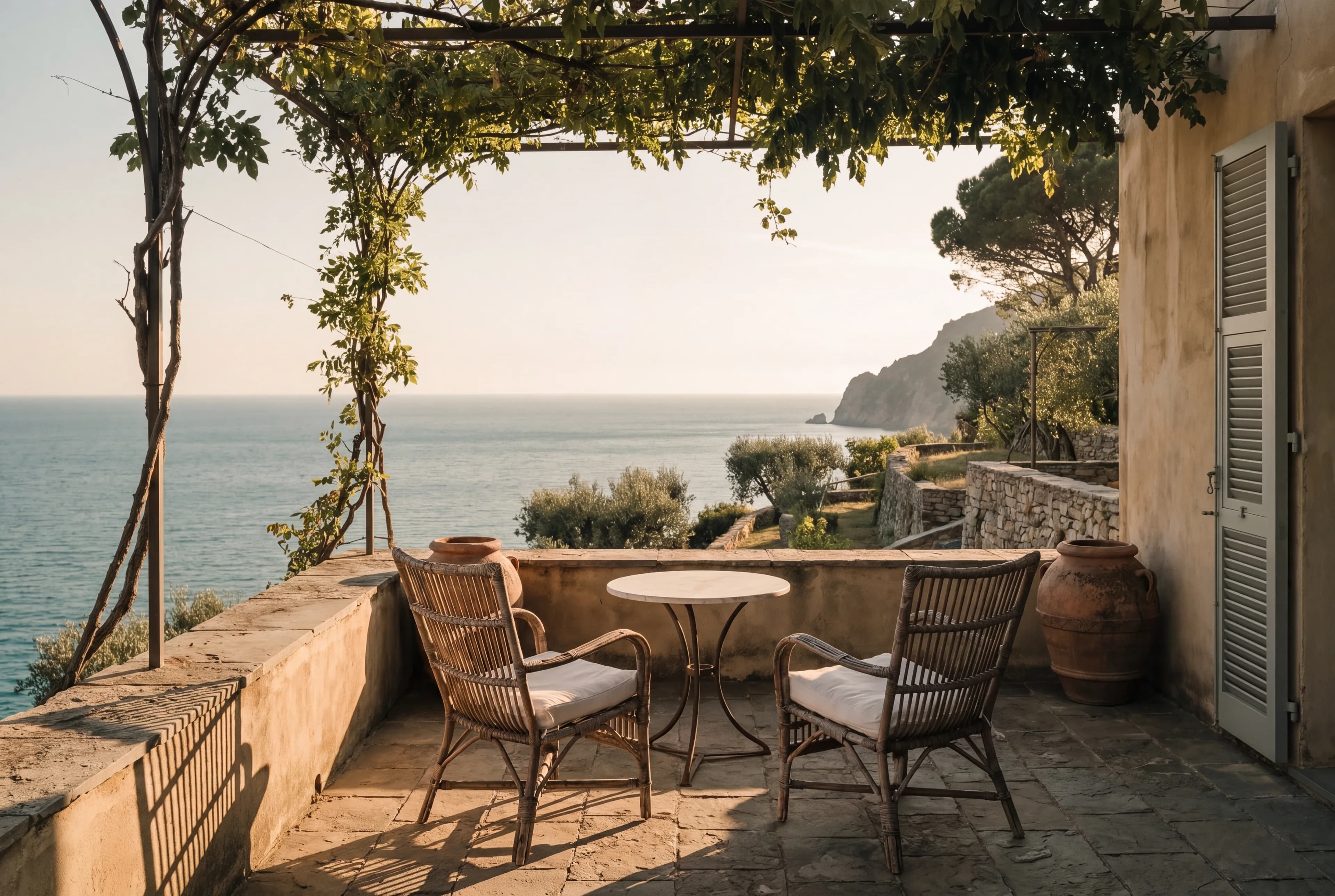 Two wicker chairs on the upper terrace under a vine pergola, facing the sea