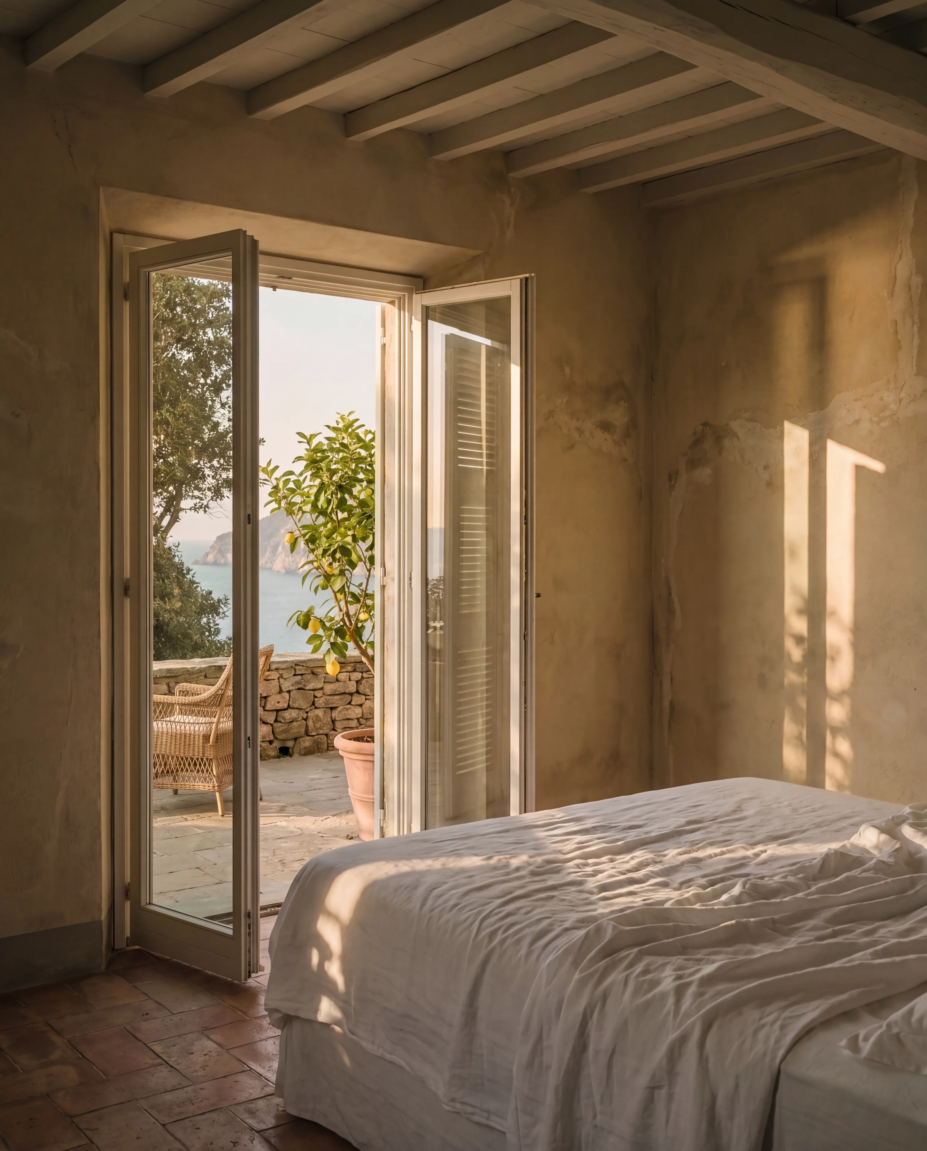 The Garden Suite, glass doors open onto the lemon terrace