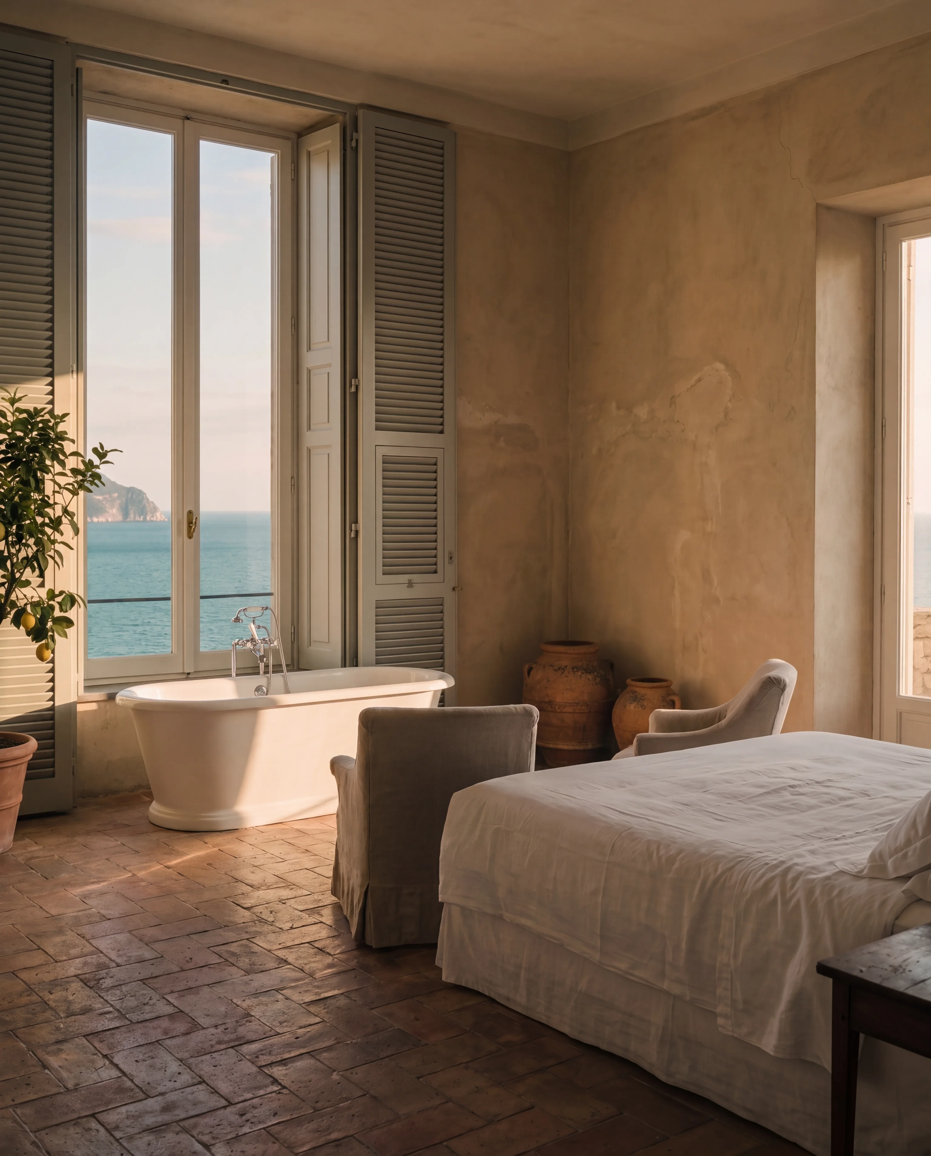 The Sea View Suite, tub beside the tall window and the open sea beyond