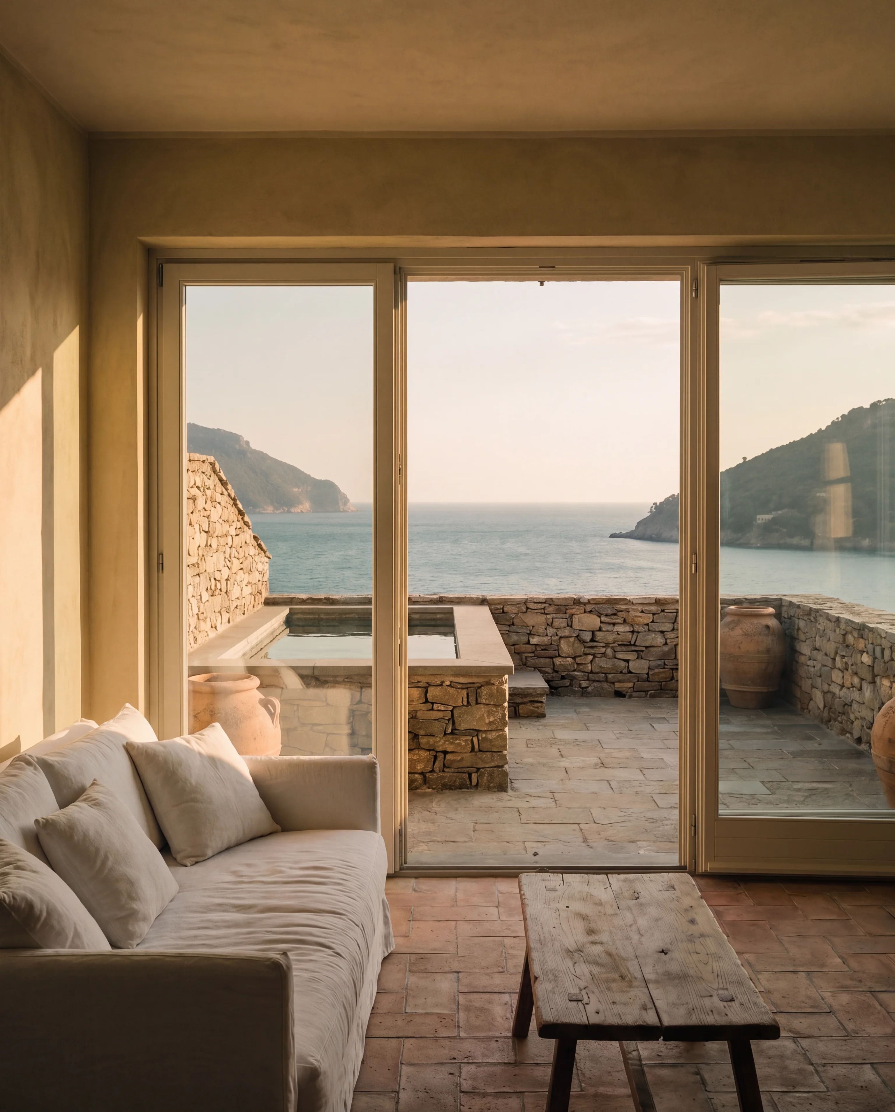 The top-floor sitting room opening onto the roof terrace and plunge pool