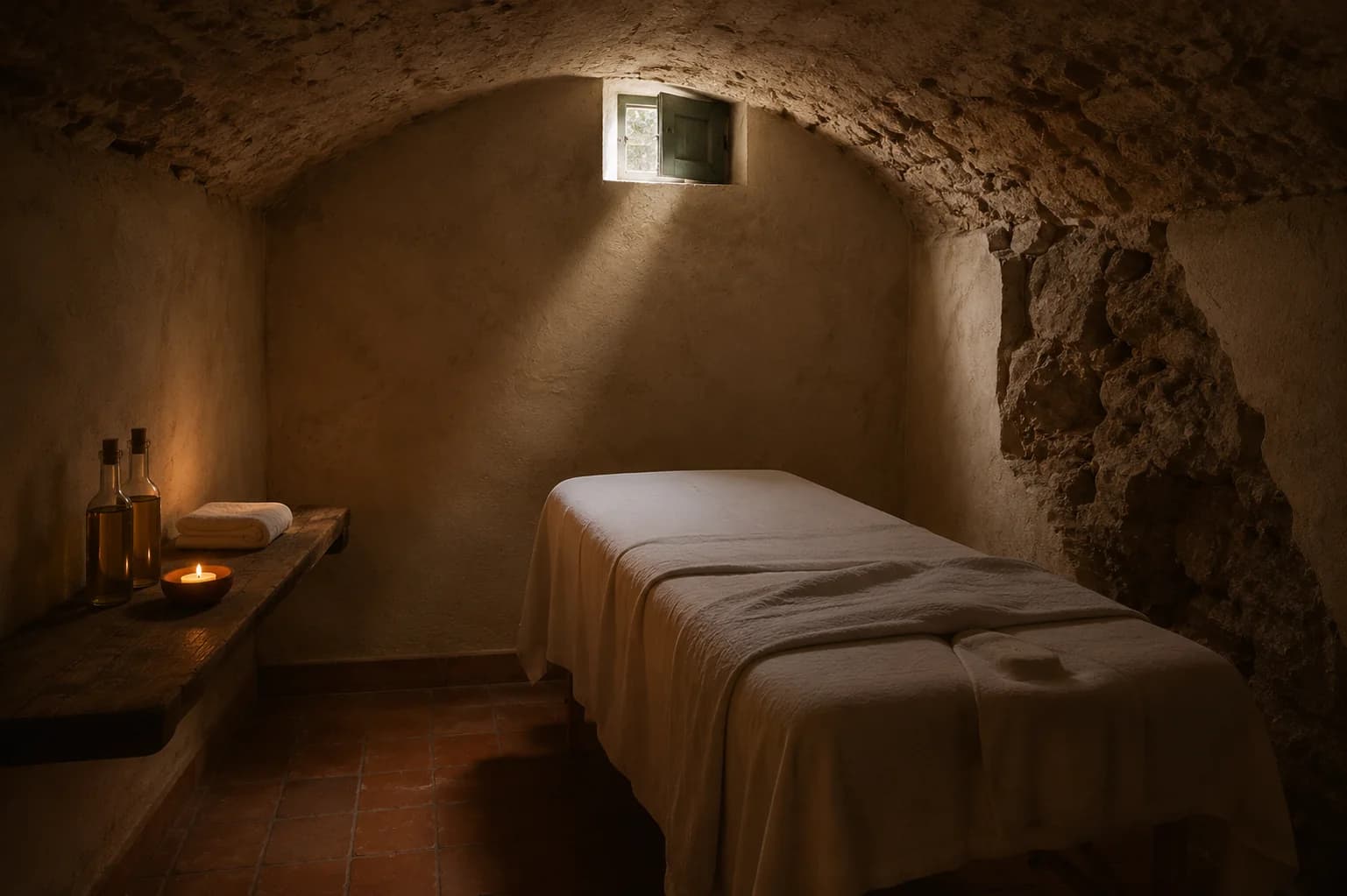 A treatment room cut into the old cellar, one candle lit