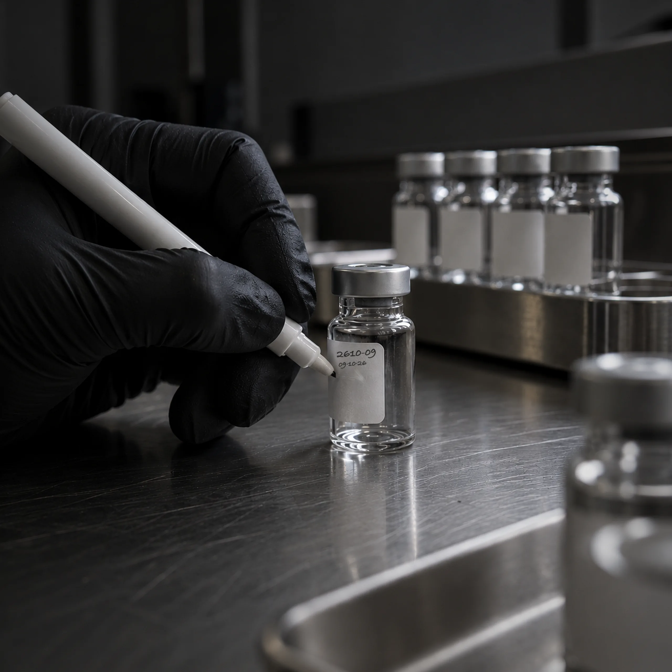 A gloved hand writing a lot number on a glass vial at the filling bench in Porto