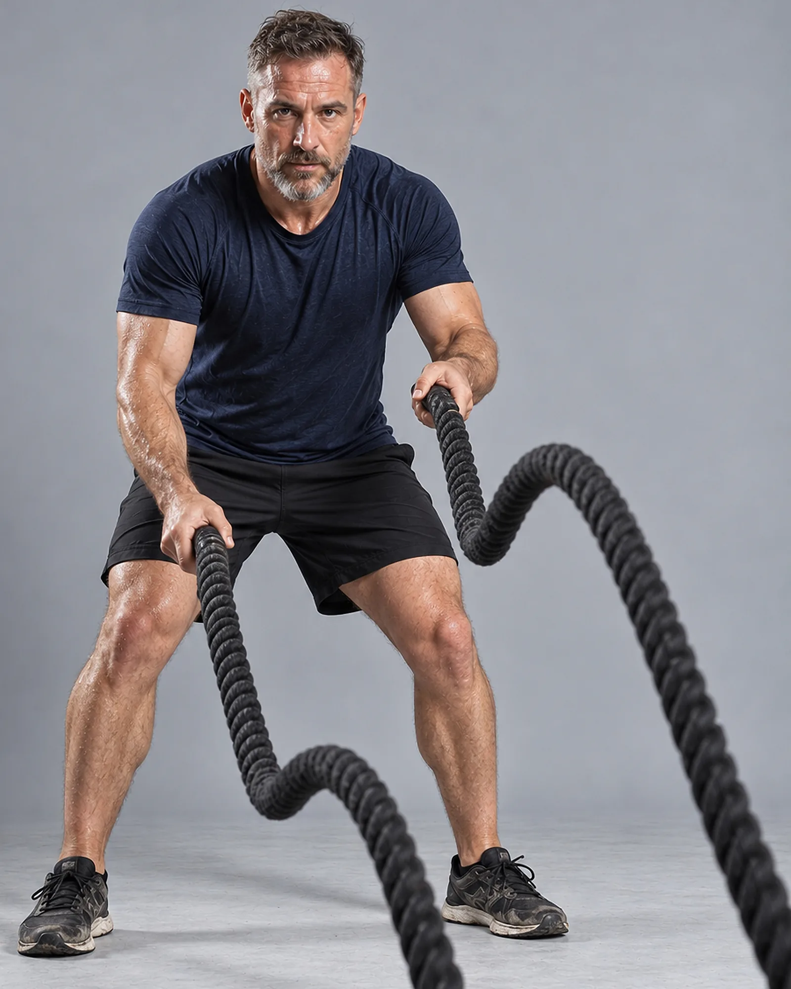 Dom, conditioning coach, mid-set on heavy battle ropes