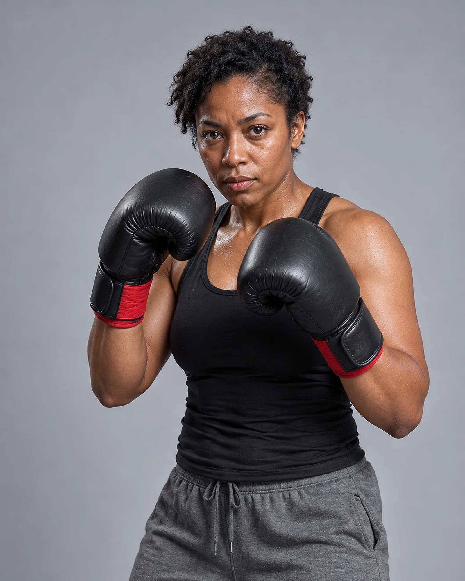 Kemi, boxing coach, in a guard with black gloves over red hand wraps