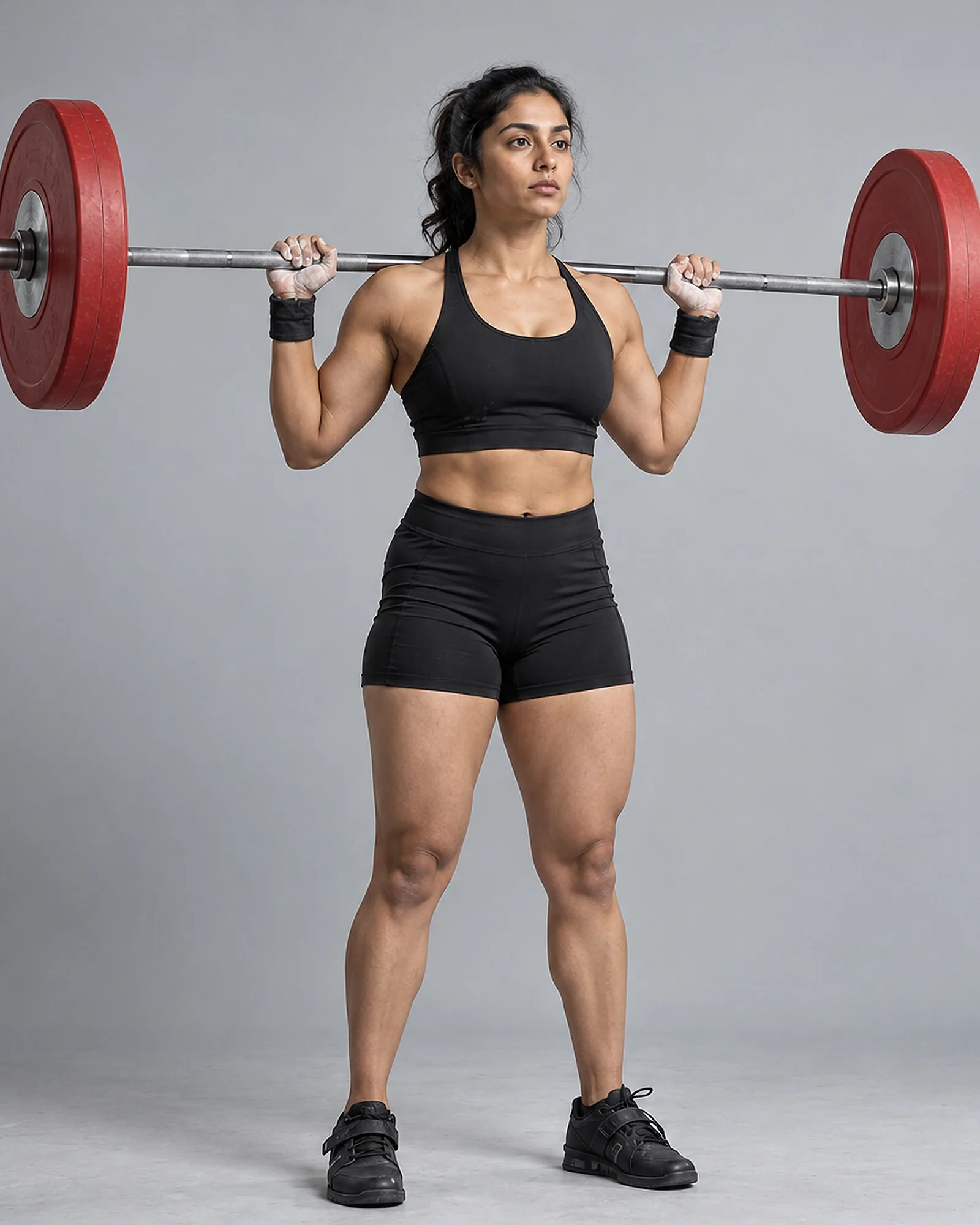 Priya, head coach, standing with a barbell loaded with red plates across her shoulders