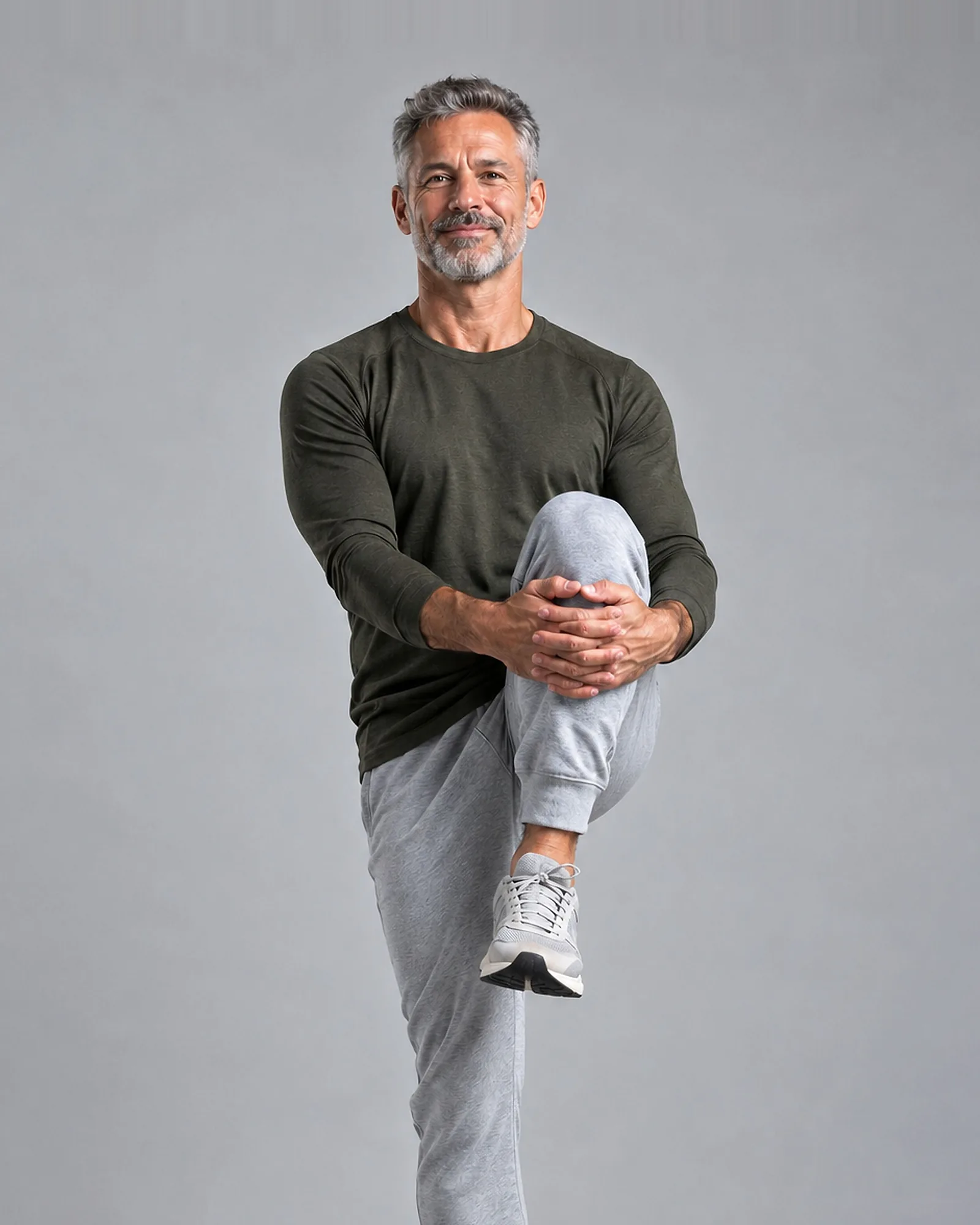 Sam, mobility and Foundations coach, balancing on one leg with his knee hugged to his chest