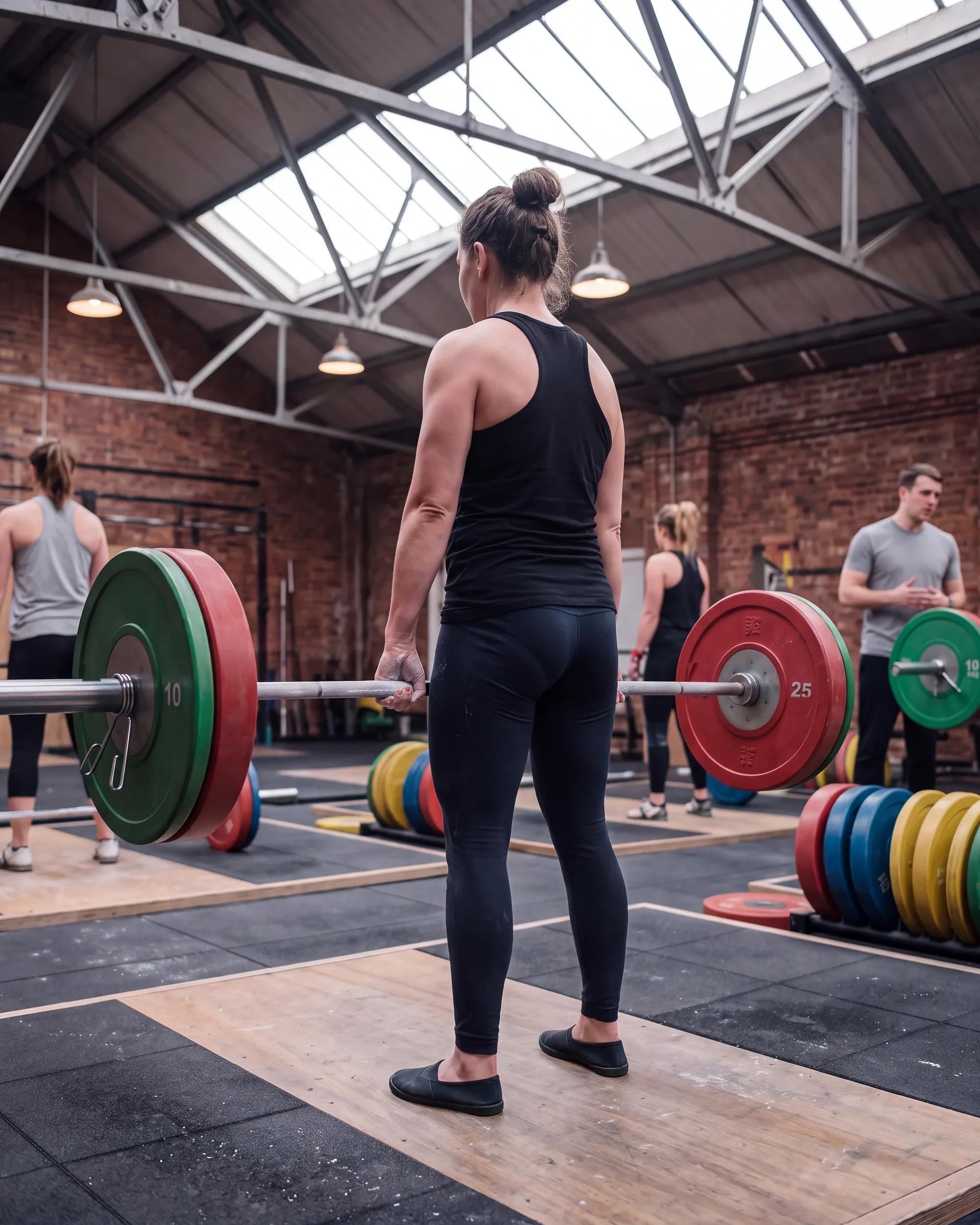 A lifter at the top of a deadlift in the 06:00 class, a coach and lifters on the platforms behind her