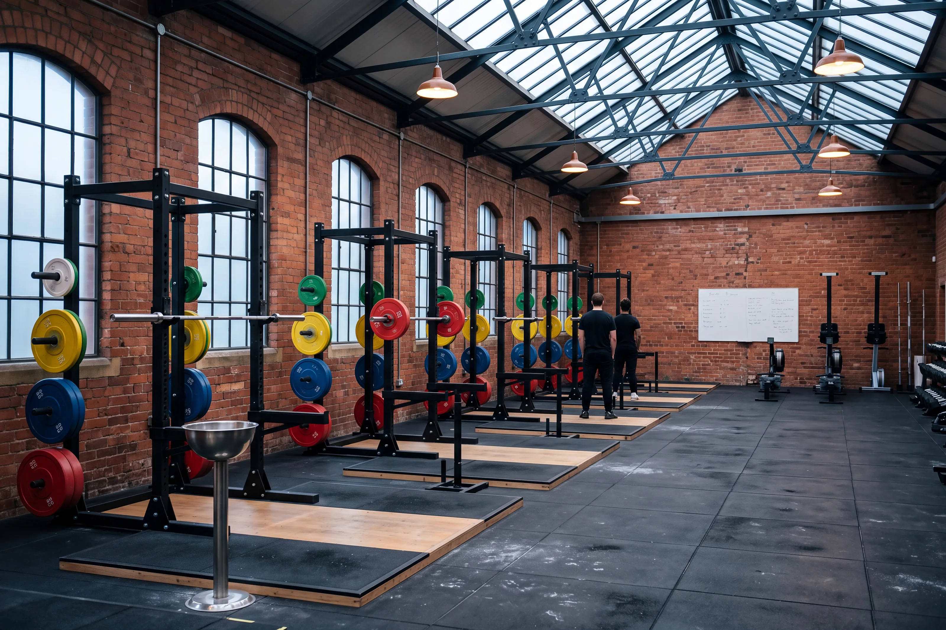 Power racks and timber lifting platforms down the old tram shed at dawn, colour bumper plates racked on the uprights