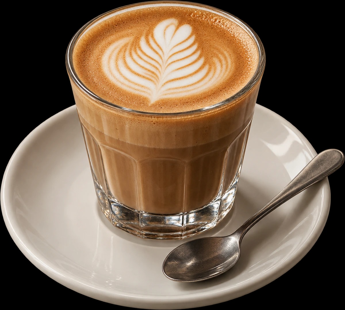 The honey oat cortado in a small glass on a white saucer