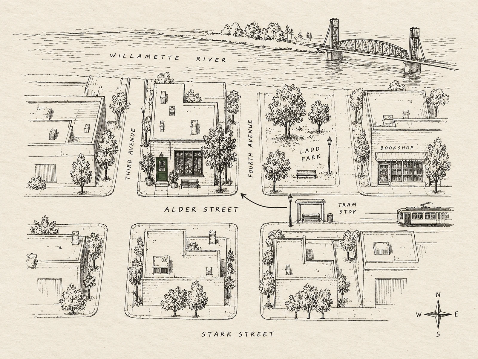 A hand-drawn map of the four blocks around Alder Street, the shop's door marked in green