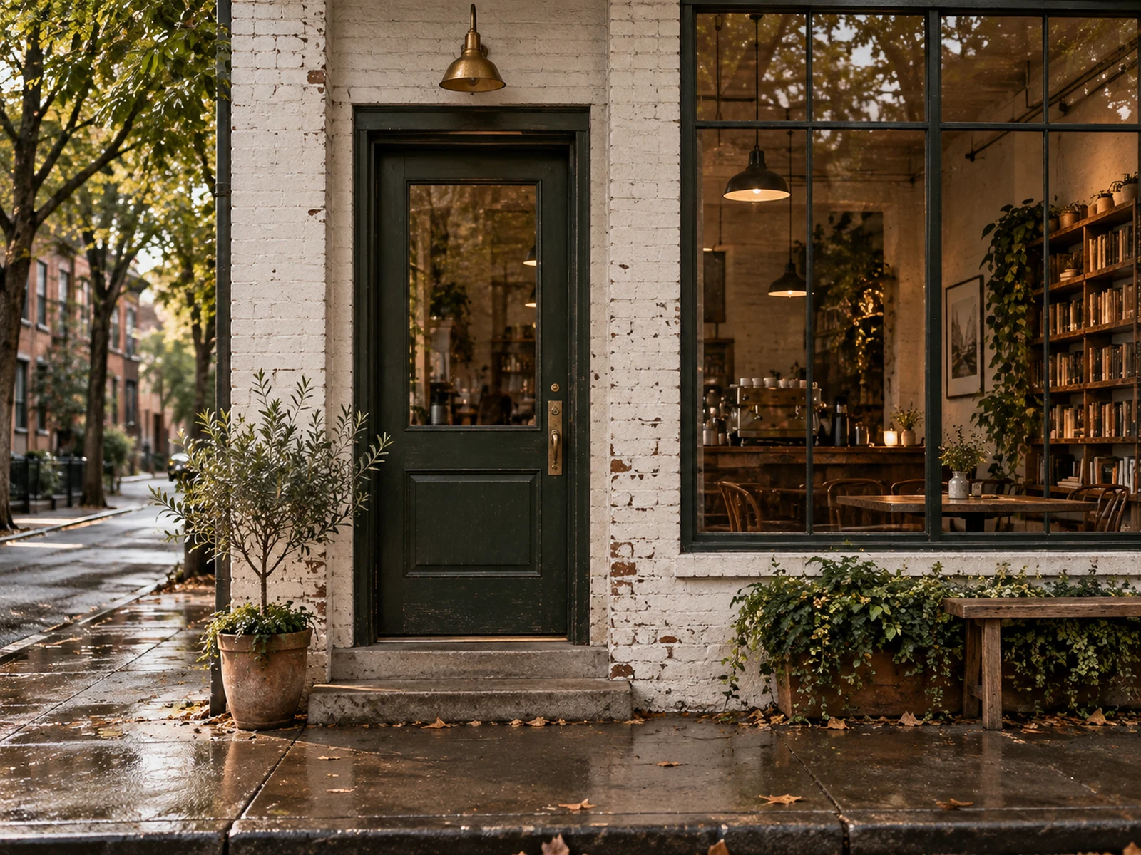 The green door and the shop window, from the pavement on Alder Street