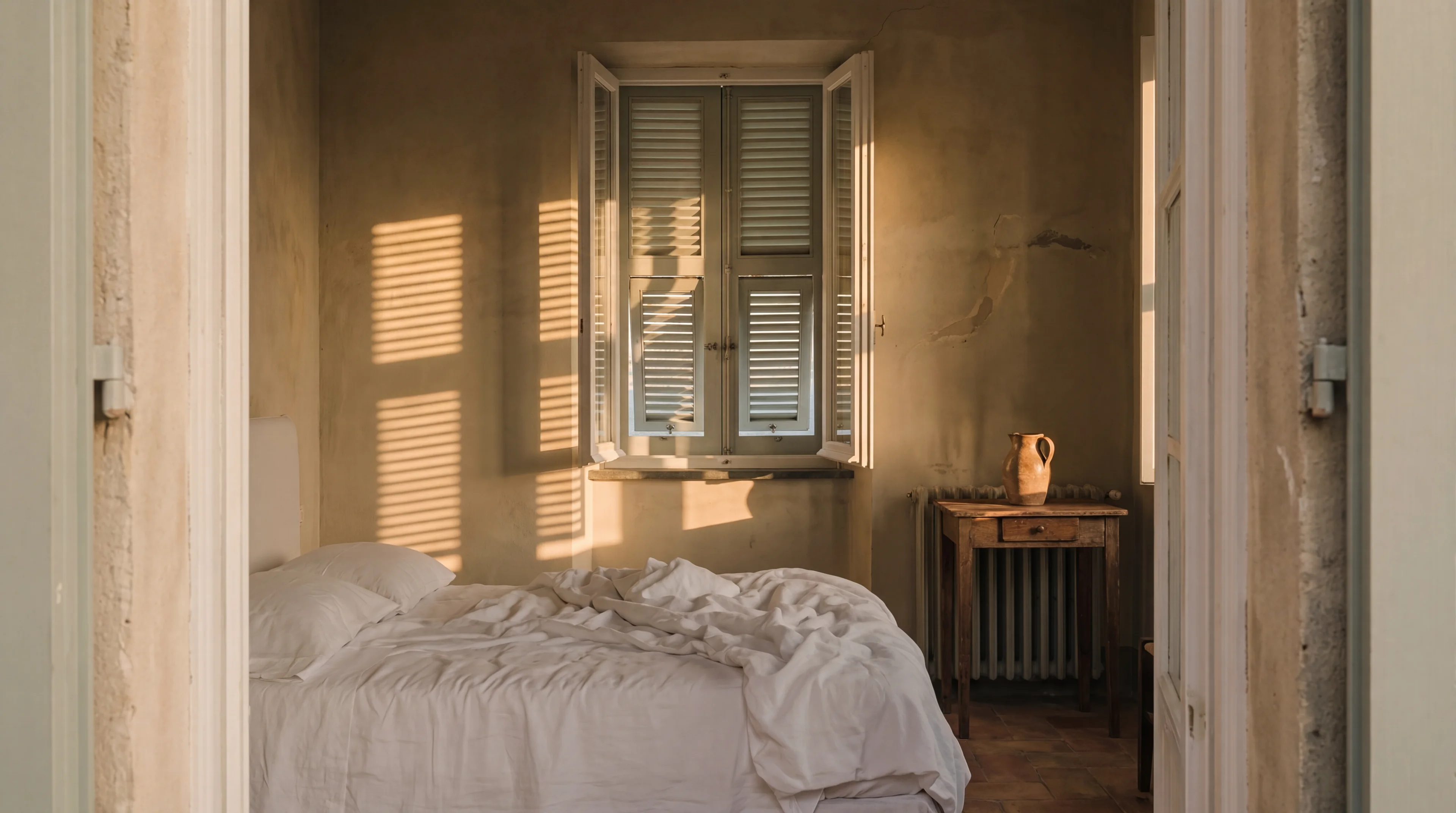 Inside the Garden Suite, evening light through the shutters across a white linen bed