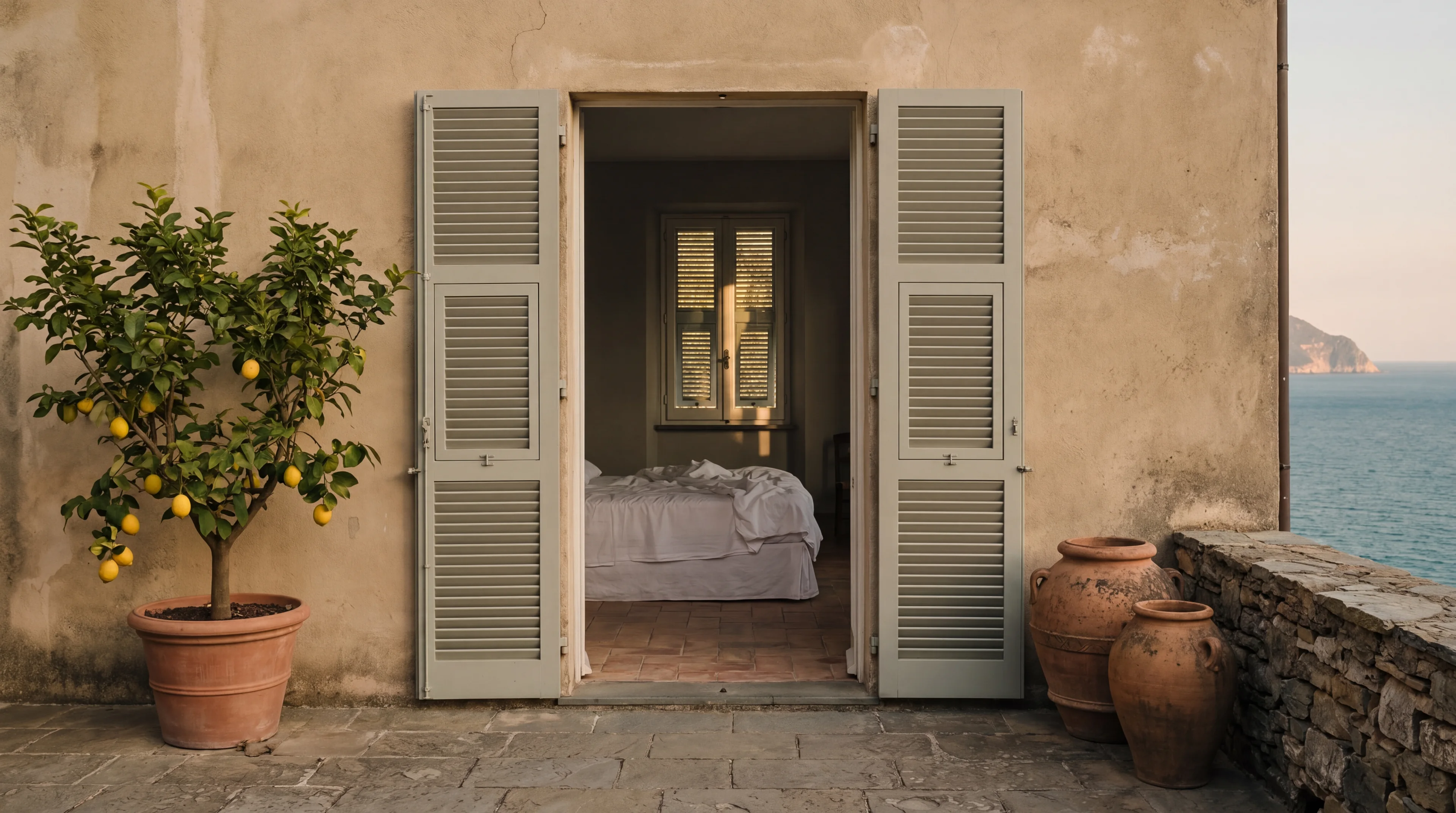 The open doorway of the Garden Suite from the terrace at golden hour, a lemon tree beside it and the sea beyond