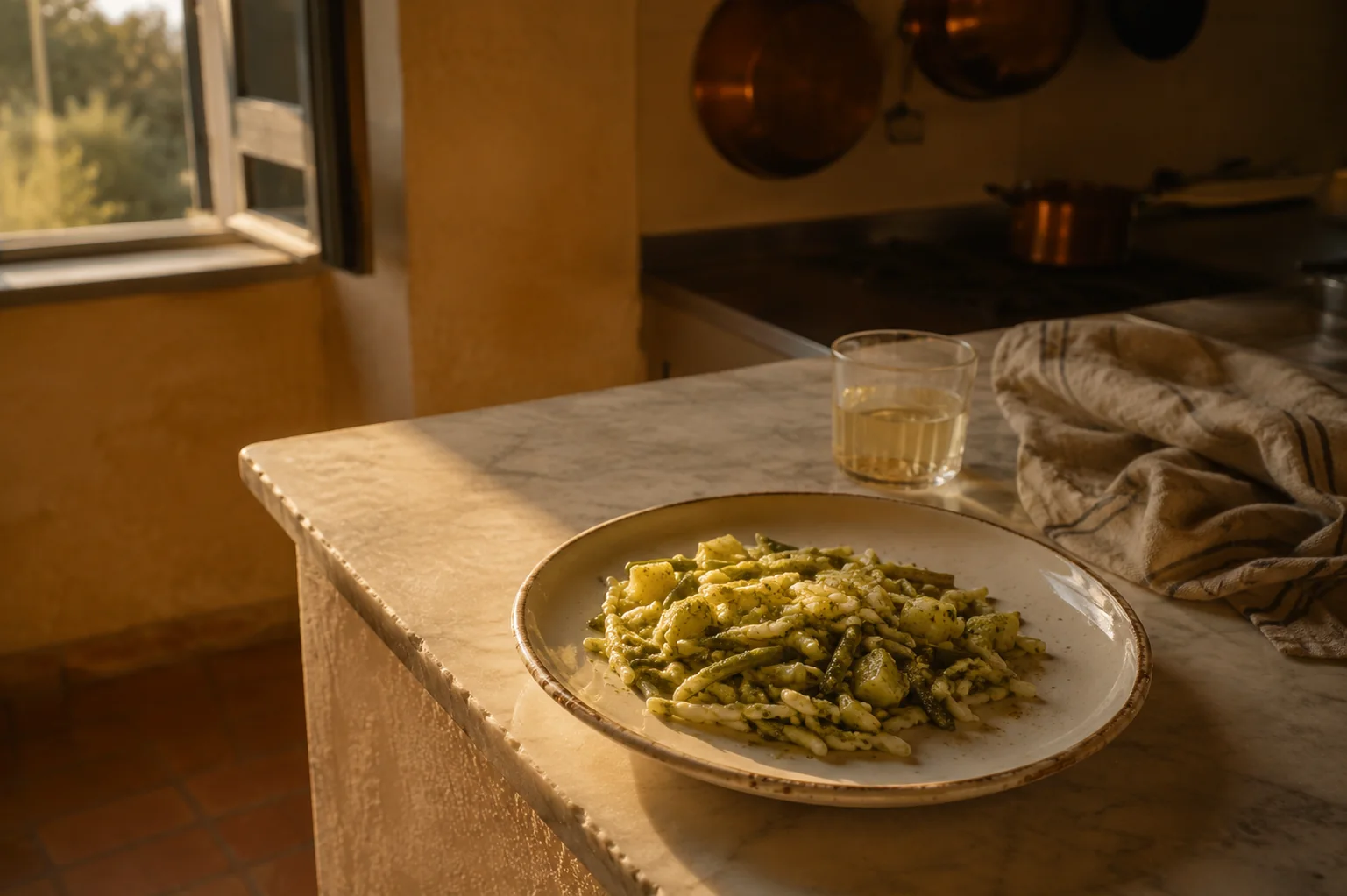 Trofie with hand-pounded pesto at the pass