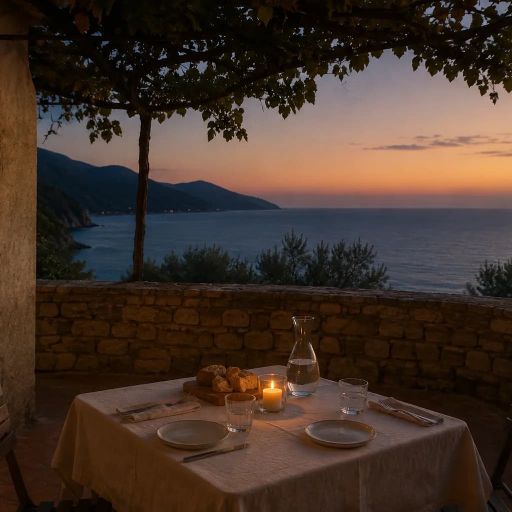 A table on the lower terrace, the candle just lit